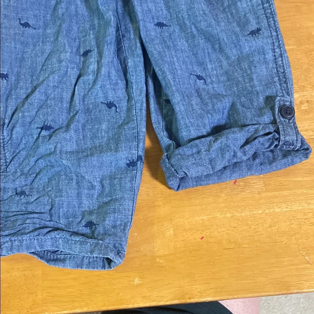 OshKosh B'gosh Classic Blue Denim Overalls with tiny dinosaurs wear long or roll